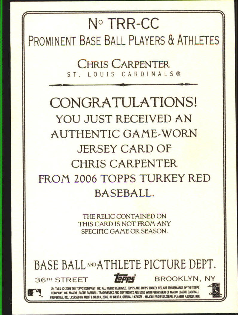 2006 Topps Turkey Red Relics #CC Chris Carpenter Jsy D back image