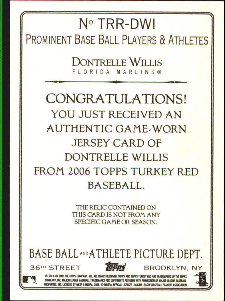 2006 Topps Turkey Red Relics #DWI Dontrelle Willis Jsy D back image