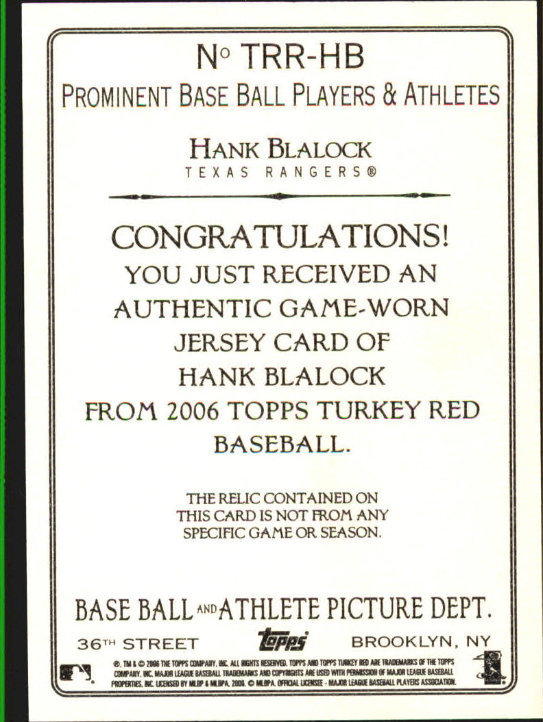 2006 Topps Turkey Red Relics #HB Hank Blalock Jsy D back image