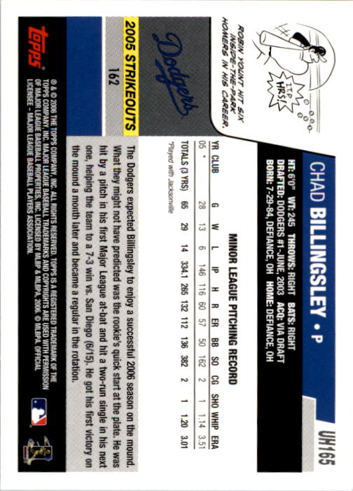2006 Topps Update #UH165 Chad Billingsley (RC) back image