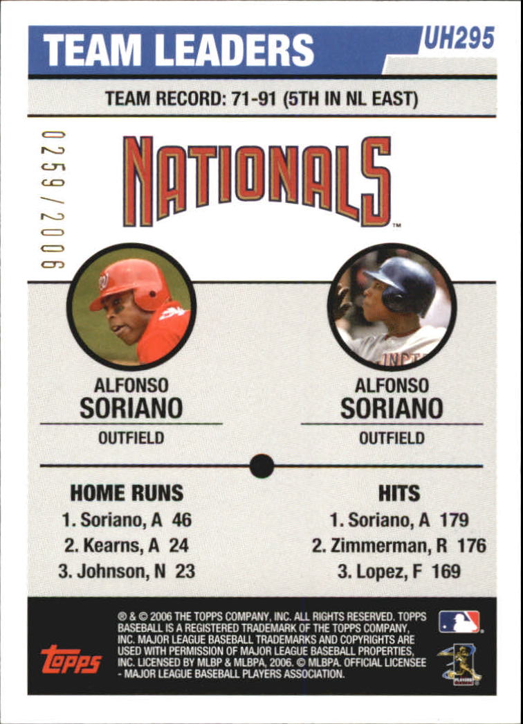2006 Topps Update Gold #UH295 A.Soriano/A.Soriano TL back image