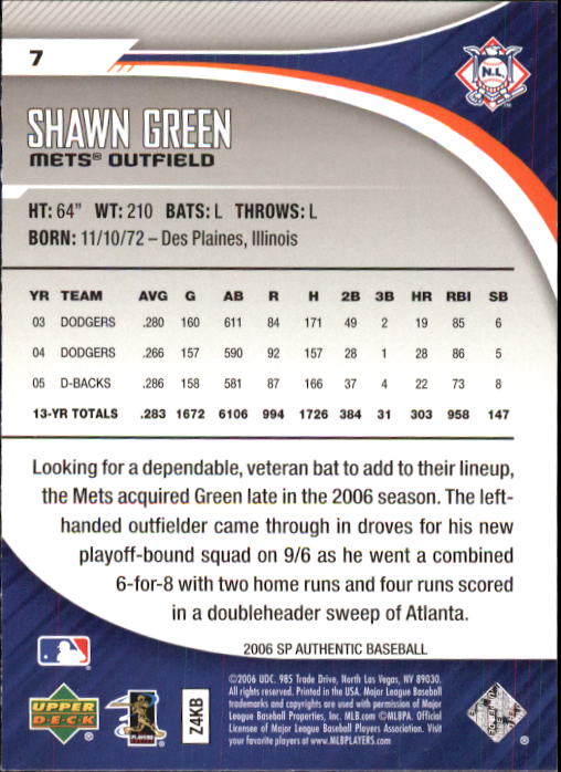 2006 SP Authentic #7 Shawn Green back image