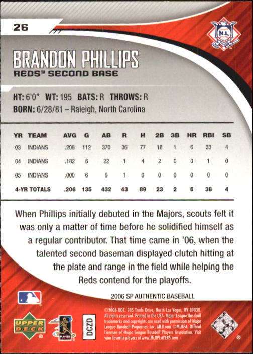 2006 SP Authentic #26 Brandon Phillips back image