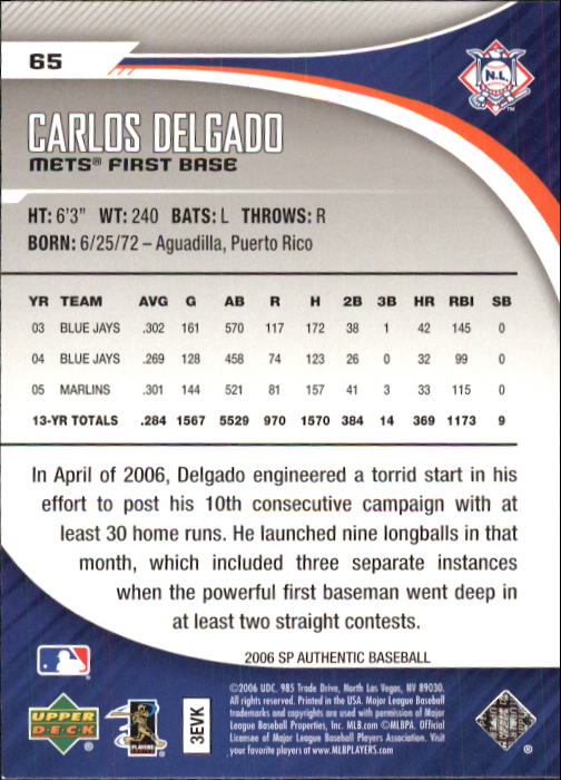 2006 SP Authentic #65 Carlos Delgado back image
