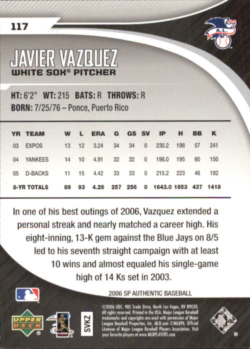 2006 SP Authentic #117 Javier Vazquez back image