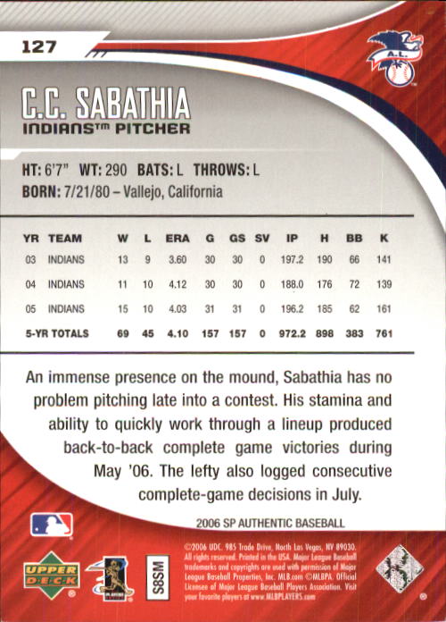 2006 SP Authentic #127 C.C. Sabathia back image