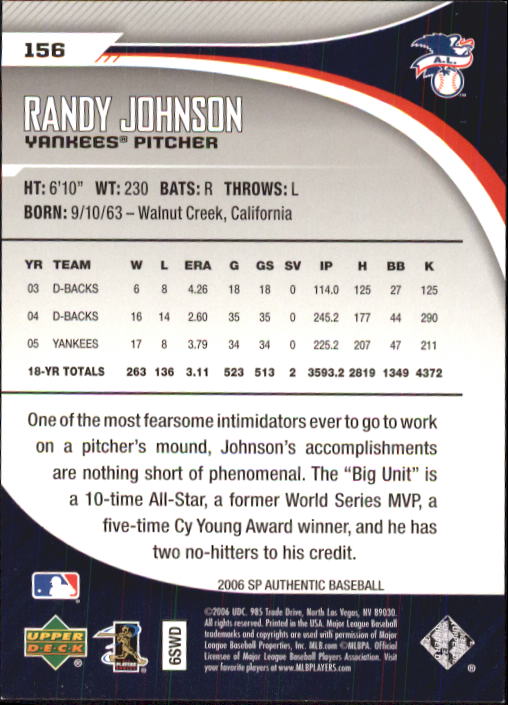 2006 SP Authentic #156 Randy Johnson back image