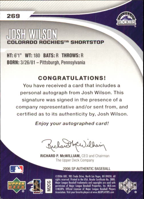 2006 SP Authentic #269 Josh Wilson AU/399 (RC) back image