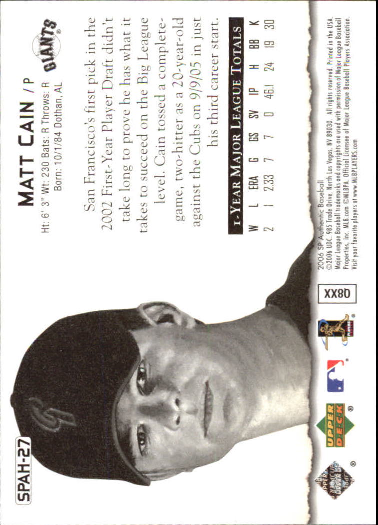 2006 SP Authentic Baseball Heroes #27 Matt Cain back image