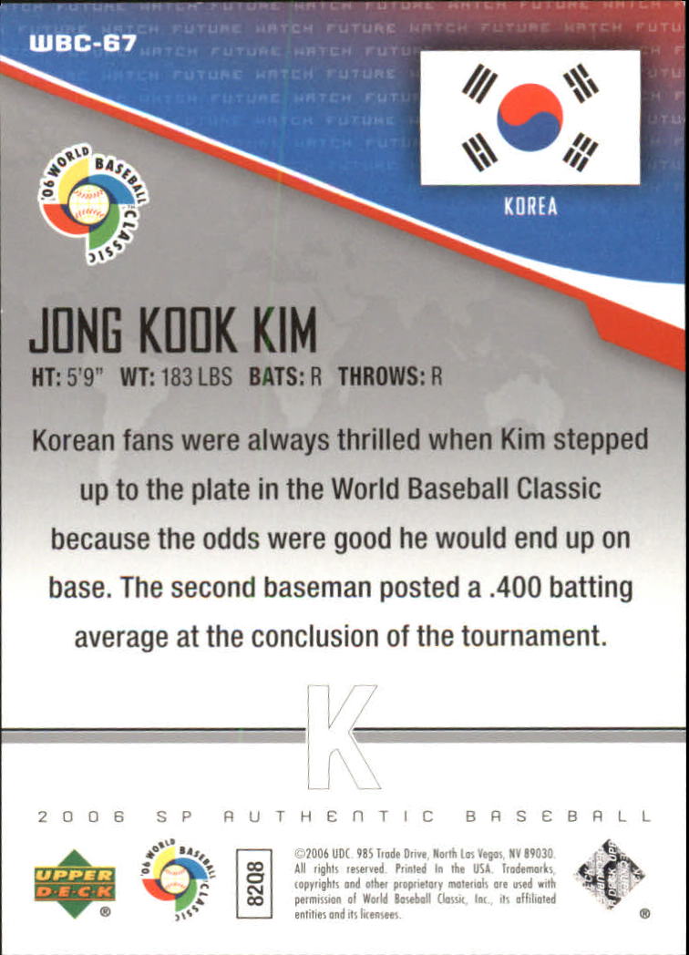 2006 SP Authentic WBC Future Watch #67 Jong Kook Kim back image