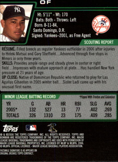 2006 Bowman Draft #5 Melky Cabrera (RC) back image