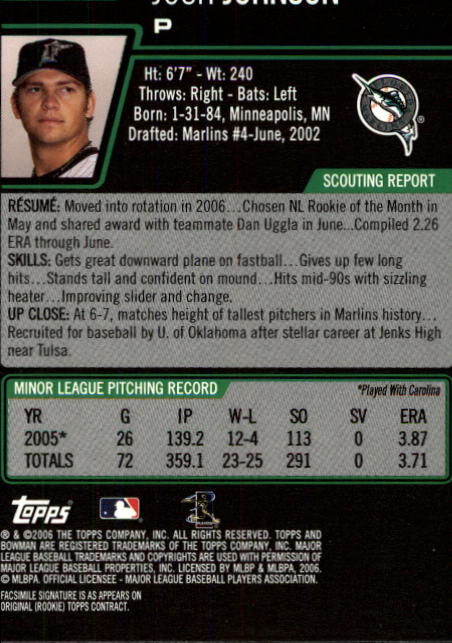 2006 Bowman Draft #24 Josh Johnson (RC) back image