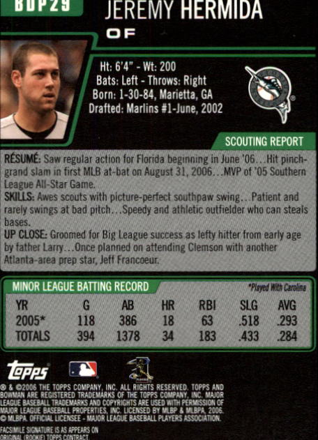 2006 Bowman Draft #29 Jeremy Hermida (RC) back image