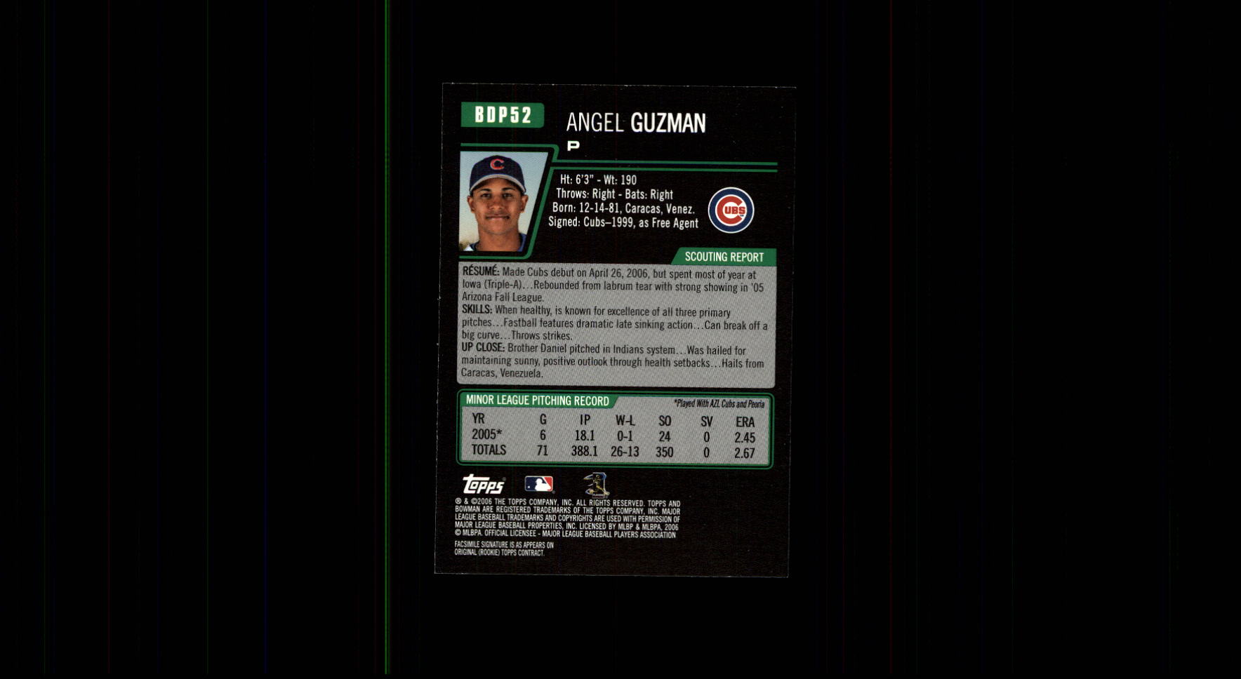 2006 Bowman Draft #52 Angel Guzman (RC) back image