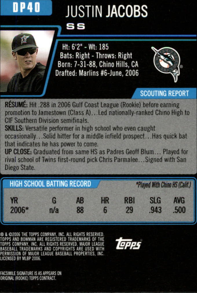 2006 Bowman Draft Draft Picks #40 Justin Jacobs back image