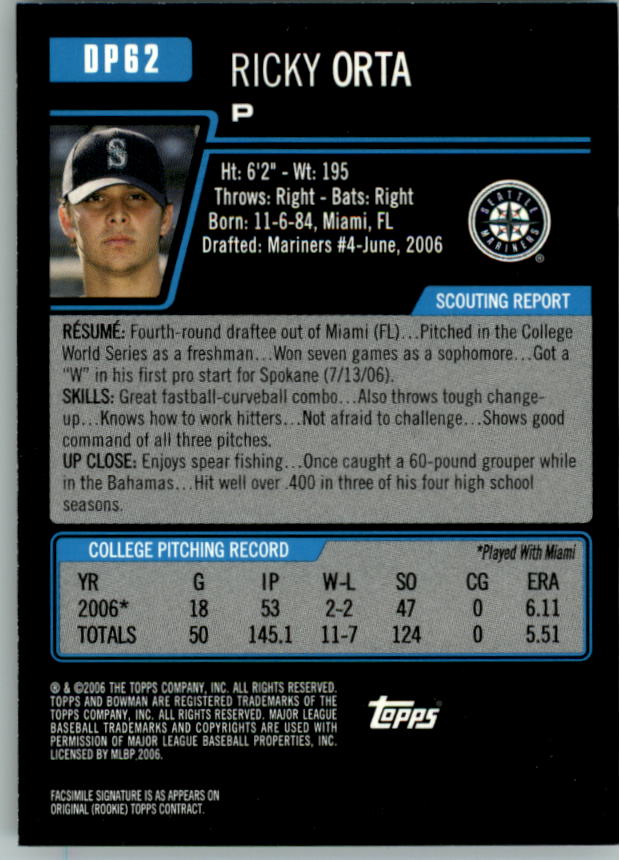 2006 Bowman Draft Draft Picks #62 Ricky Orta back image