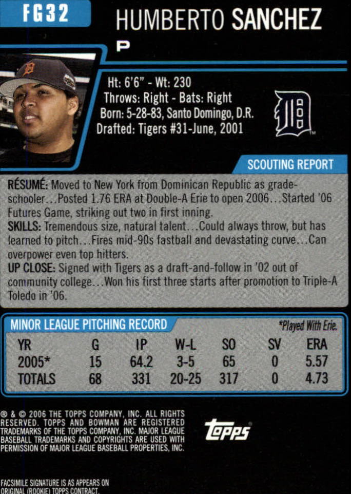 2006 Bowman Draft Future's Game Prospects #32 Humberto Sanchez back image