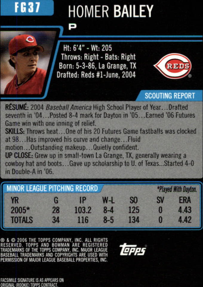2006 Bowman Draft Future's Game Prospects #37 Homer Bailey back image