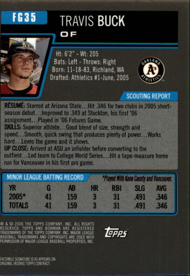 2006 Bowman Draft Future's Game Prospects Gold #35 Travis Buck back image