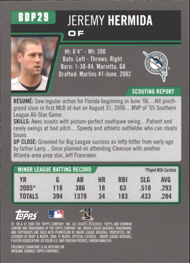 2006 Bowman Chrome Draft #29 Jeremy Hermida (RC) back image