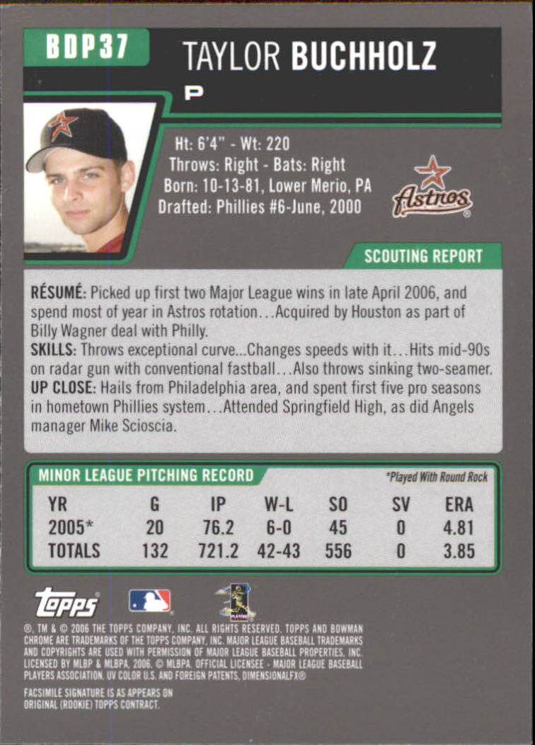 2006 Bowman Chrome Draft #37 Taylor Buchholz (RC) back image