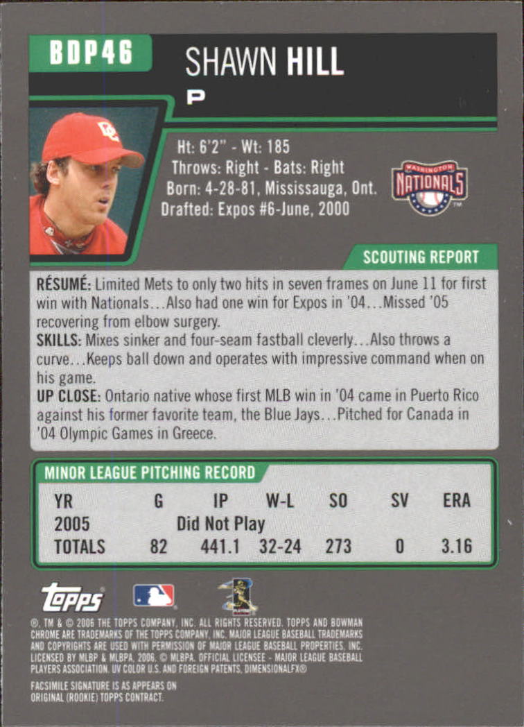2006 Bowman Chrome Draft #46 Shawn Hill (RC) back image