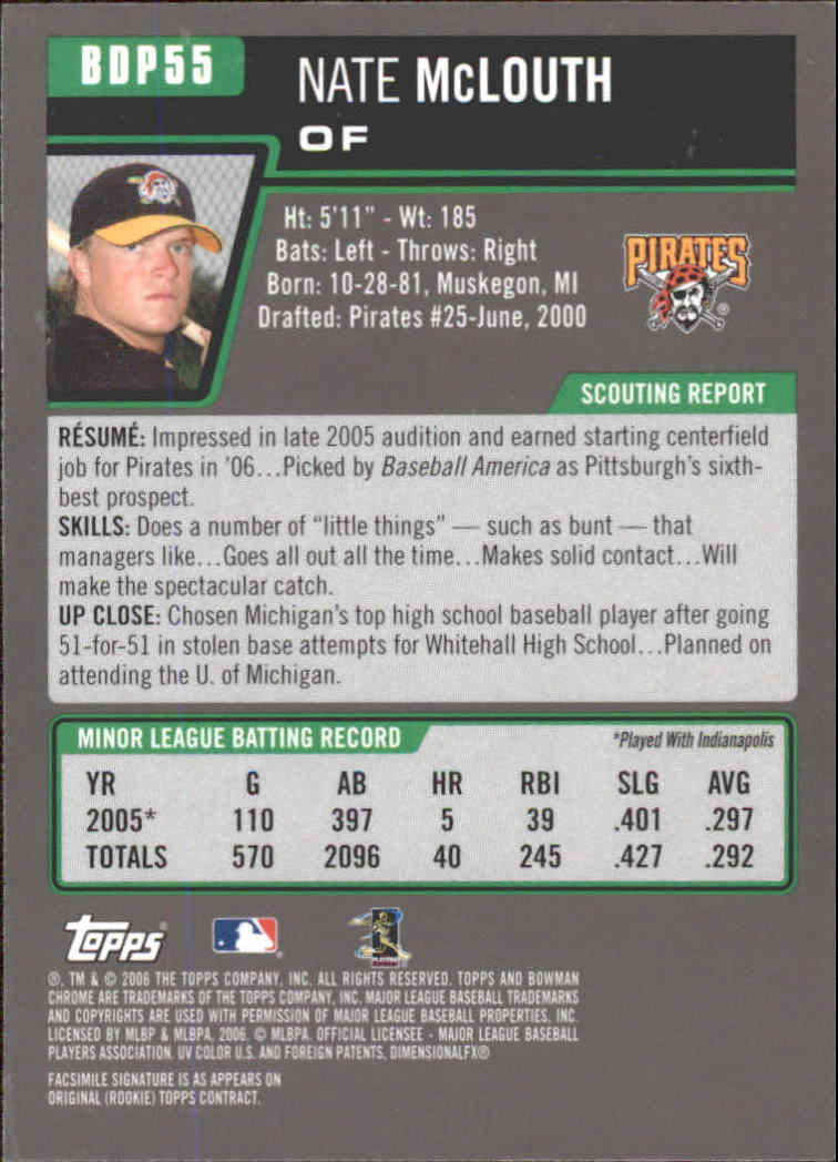 2006 Bowman Chrome Draft #55 Nate McLouth (RC) back image