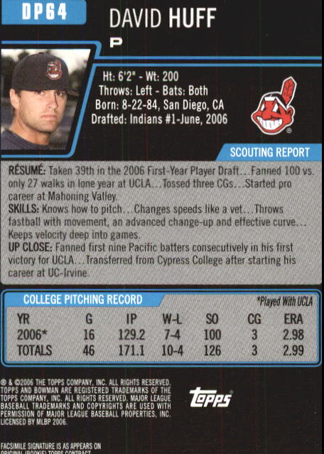 2006 Bowman Chrome Draft Draft Picks #64 David Huff back image