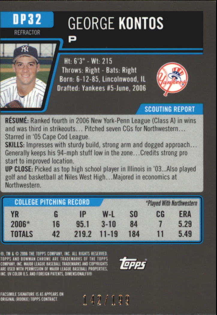 2006 Bowman Chrome Draft Draft Picks Blue Refractors #32 George Kontos