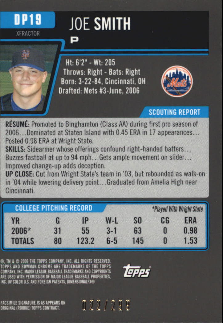 2006 Bowman Chrome Draft Draft Picks X-Fractors #19 Joe Smith