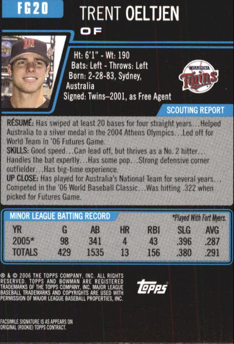 2006 Bowman Chrome Draft Future's Game Prospects #20 Trent Oeltjen back image