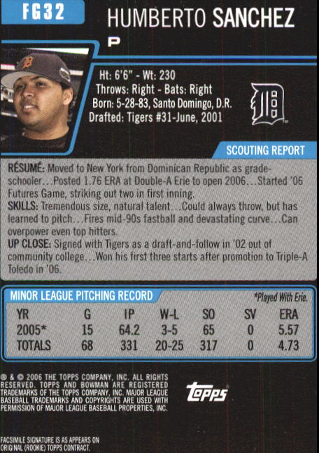 2006 Bowman Chrome Draft Future's Game Prospects #32 Humberto Sanchez back image