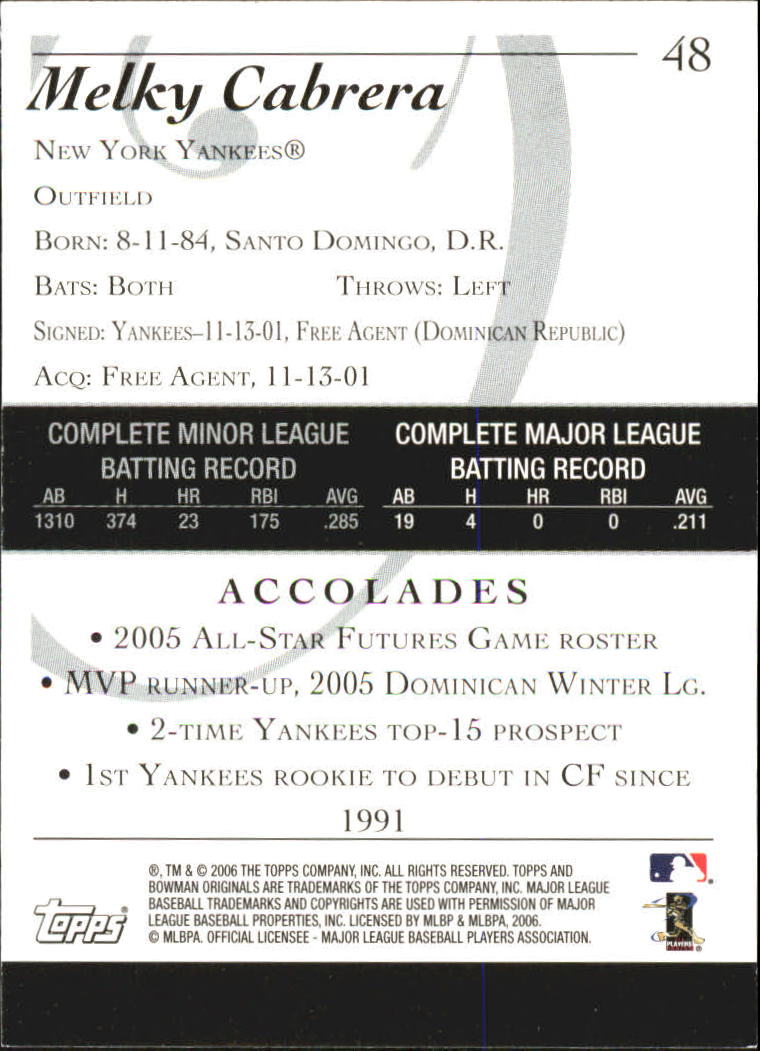 2006 Bowman Originals #48 Melky Cabrera (RC) back image