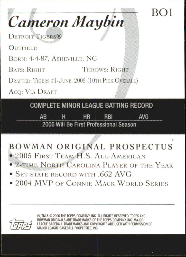 2006 Bowman Originals Prospects #1 Cameron Maybin back image