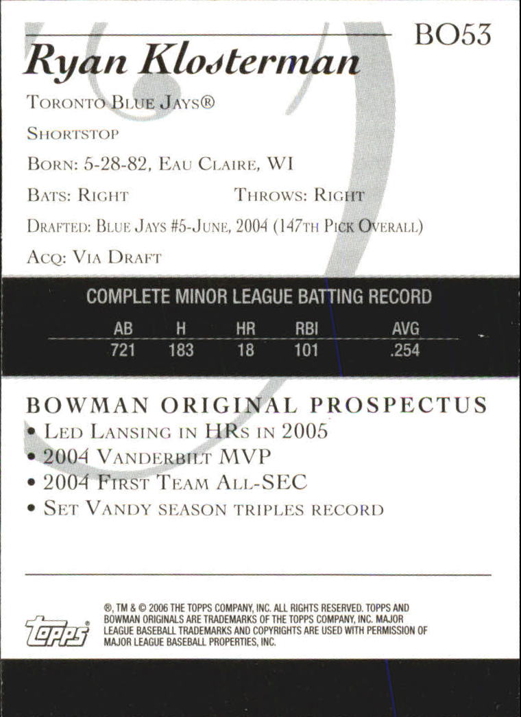 2006 Bowman Originals Prospects #53 Ryan Klosterman back image