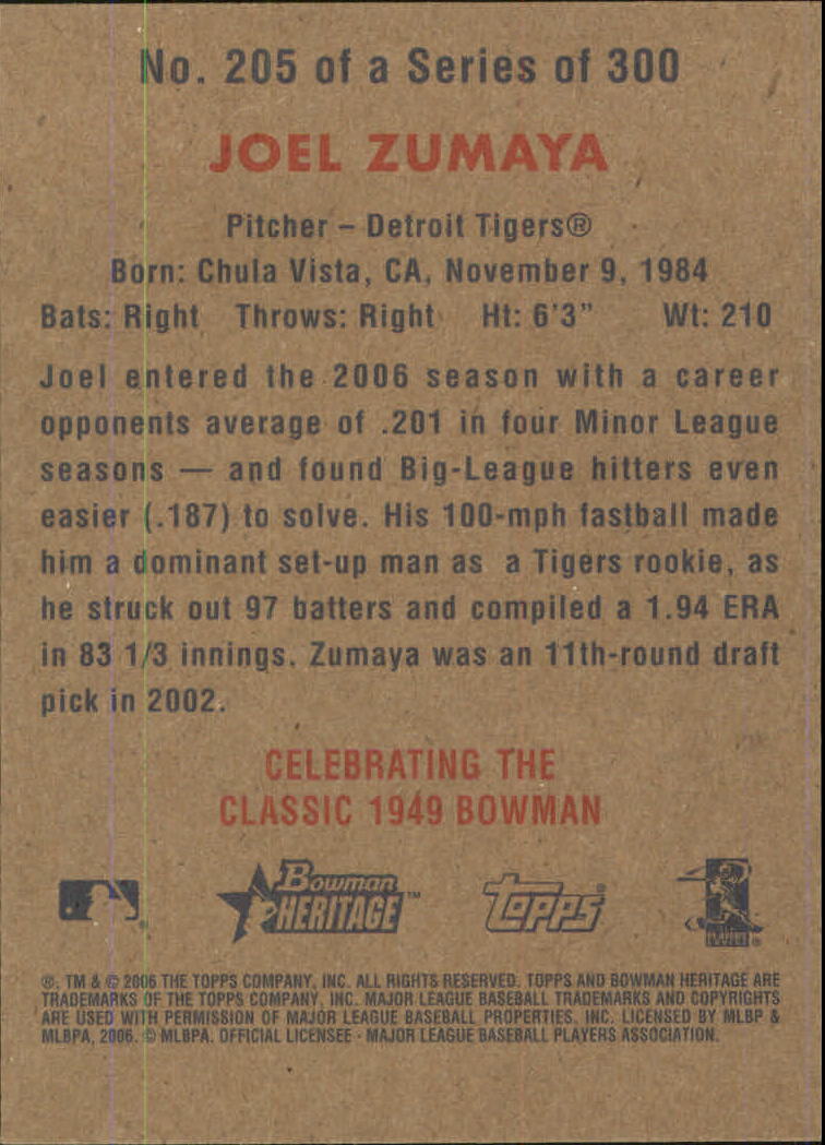 2006 Bowman Heritage #205 Joel Zumaya (RC) back image
