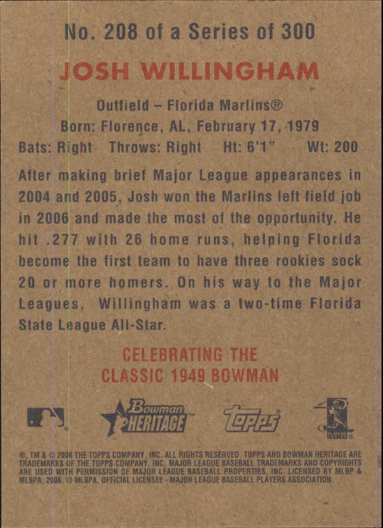 2006 Bowman Heritage #208 Josh Willingham SP (RC) back image