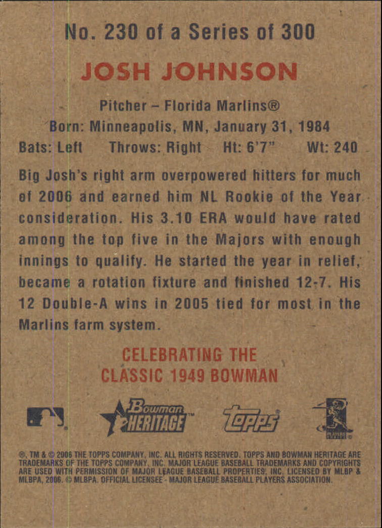 2006 Bowman Heritage #230 Josh Johnson SP (RC) back image