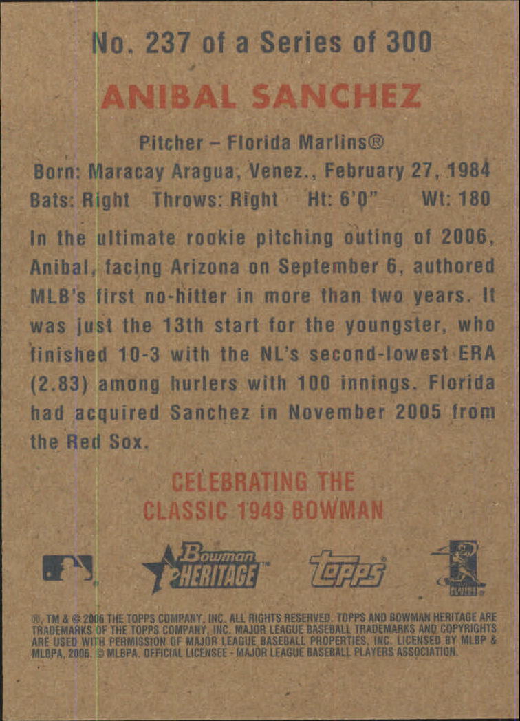 2006 Bowman Heritage #237 Anibal Sanchez (RC) back image