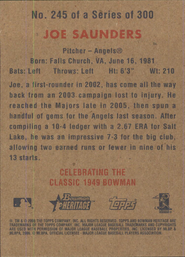 2006 Bowman Heritage #245 Joe Saunders (RC) back image