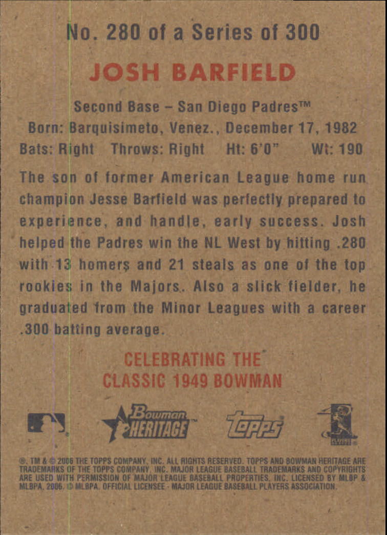 2006 Bowman Heritage #280 Josh Barfield SP (RC) back image