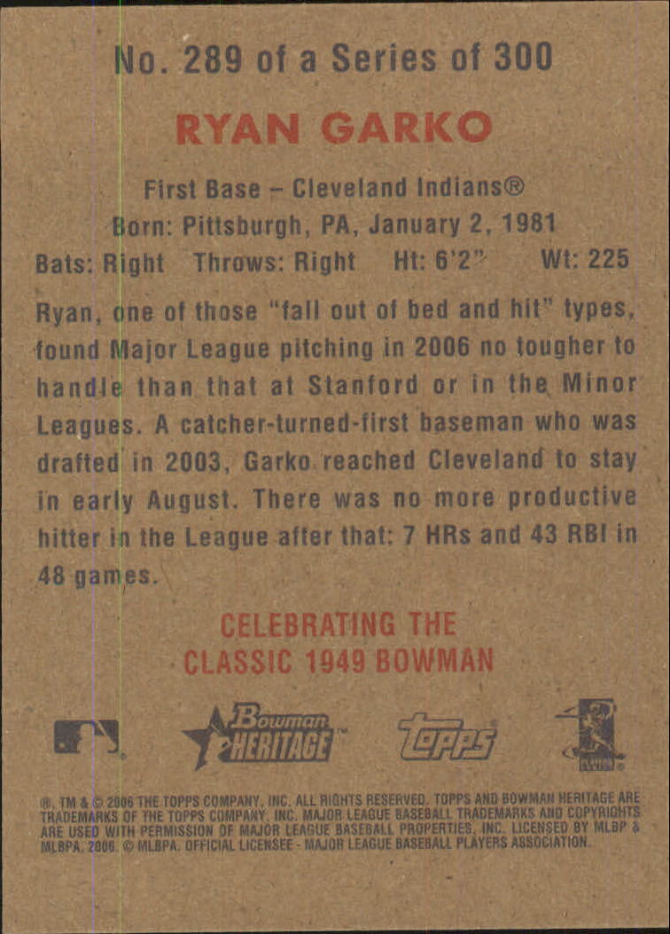 2006 Bowman Heritage #289 Ryan Garko (RC) back image