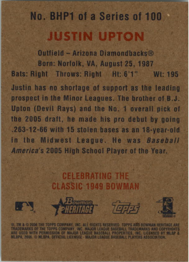 2006 Bowman Heritage Prospects #1 Justin Upton back image