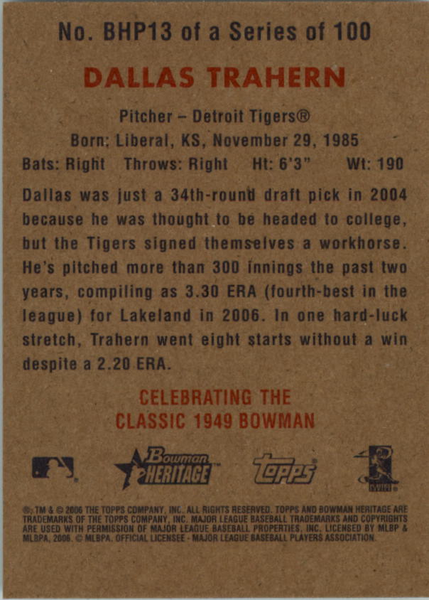 2006 Bowman Heritage Prospects #13 Dallas Trahern back image
