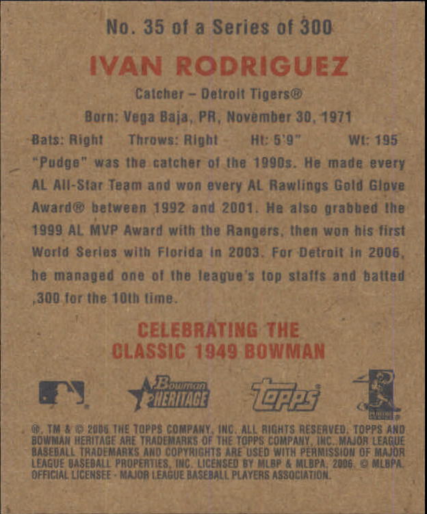 2006 Bowman Heritage Mini #35 Ivan Rodriguez back image