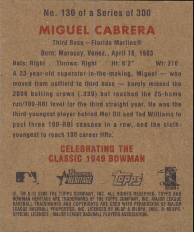 2006 Bowman Heritage Mini #130 Miguel Cabrera back image
