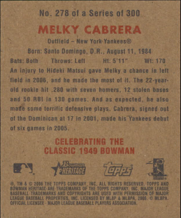 2006 Bowman Heritage Mini #278 Melky Cabrera back image