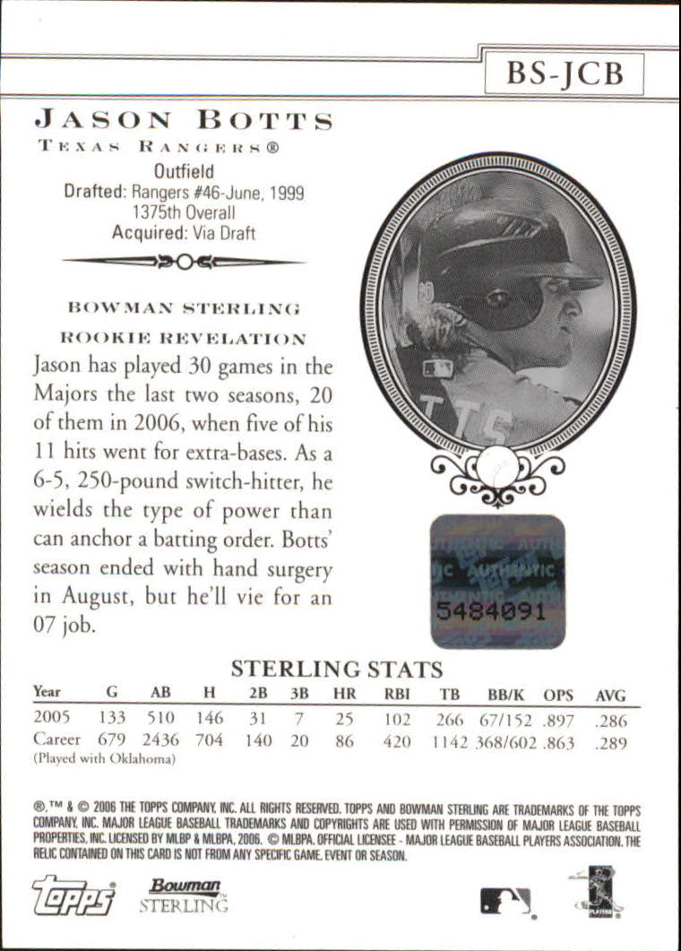 2006 Bowman Sterling #JCB Jason Botts AU (RC) back image