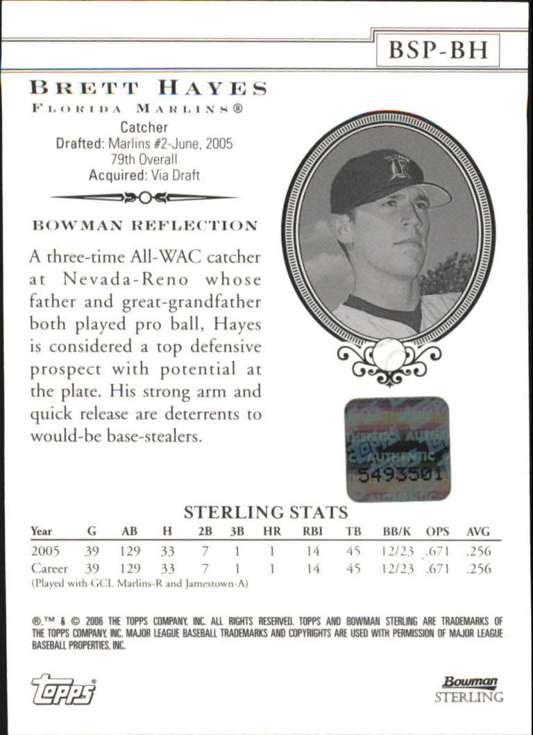 2006 Bowman Sterling Prospects #BH Brett Hayes AU B back image