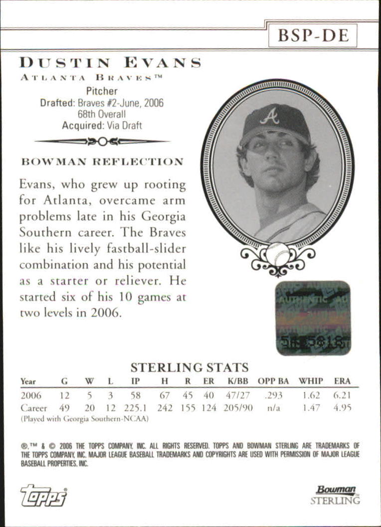 2006 Bowman Sterling Prospects #DE Dustin Evans AU A back image